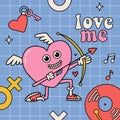 Groovy card template with Retro cartoon crazy heart character. Valentines Day poster. Psychedelic Heart cupid with bow