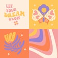 Groovy cards set with butterfly, flower, motivational distorted text. Hippie 60s 70s posters. Floral romantic Royalty Free Stock Photo