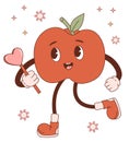 Groovy cartoon character apple. Retro vintage cute mascot fruit with heart. Vector illustration.