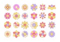 Groovy cartoon flowers. Funny hippie line icons with face smile and laugh, hippie flower characters with happy emotions