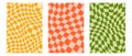 Groovy checkerboard background set. Colorful retro wavy checkered pattern collection. Vintage psychedelic distorted