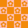 Groovy Checkerboard and Daisy Flowers Seamless Pattern. Geometric Vector Background in 1970s Hippie Retro Style