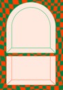 Groovy checkerboard pattern with arch frame. Abstract psychedelic checkered Retro background. Trendy vector frame in