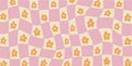 Groovy checkered Daisy Flowers background. Retro 70s - 60s Hippie Aesthetic wallpaper with Trippy distortion Grid