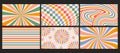 Groovy checkered seamless patterns, vintage aesthetic backgrounds, psychedelic checkerboard texture. Funky hippie