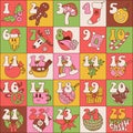 Groovy Christmas Advent calendar with hand drawn retro hippie elements. Xmas square Poster. Linear vector illustration Royalty Free Stock Photo