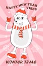 Groovy Christmas banner vector. Crazy, funny white bear, New Year poster. Cute mascot character in 60s, 70s style. .