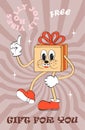 Groovy Christmas banner vector. Crazy, funny white gift, New Year poster. Cute mascot character in 60s, 70s style.