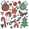 Groovy Christmas clip art elements set. Retro 70s hippie collection of cute festive winter hand drawn doodles - xmas