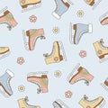 Groovy Christmas seamless pattern with ice skates. Figure skates and flowers on blue background.