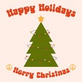 Groovy Christmas tree with garlands, Peace sign, phrase Merry Christmas. hippie style. greeting card. Vector