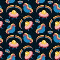 1970 groovy cosmos seamless pattern. Funky vintage background with trippy saturn planet ufo alien ship and rainbow. Positive retro Royalty Free Stock Photo