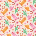 Groovy cowgirl boots , hats ,cactus and horseshoe seamless pattern in pink, red and orange with retro flowers and stars