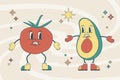 Groovy Cute Illustration of Tomato and Avocado Characters