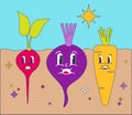 Groovy Cute Vegetable Set of Radish, Beetroot, Carrot Characters In the Soil Garden