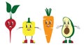 Groovy Cute Vegetable Set of Radish, Paprika, Carrot, Avocado Characters Isolated on White Background