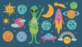 Groovy different planets with character and alien, sun, moon on a dark background in retro style. Cartoon style. Object with Royalty Free Stock Photo