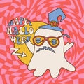 Groovy disco party with cute hippie ghost with a mirror ball made of words - Happy Halloween. Retro 60s 70s Halloween