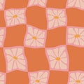 Groovy distorted checkered seamless pattern with daisy flowers. Cute pink trippy Y2K background.