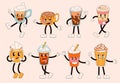 Groovy drinks characters in retro cartoon style. Comic characters in shape of coffee cup, cappuccino, latte with happy Royalty Free Stock Photo