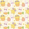 Groovy Easter Pattern Seamless retro disco bunny and chick Playful animal doodle drawing isolated on background