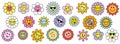 Groovy flower cartoon characters. Happy stickers set from 60s, 70s. Funny happy daisy with eyes and smile, cute comic characters.