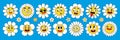 Groovy flower characters. Funny daisy with smile. Sticker pack in trendy retro cartoon hippie style.