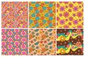 Groovy flowers background. Funky floral pattern, psychedelic 70s backdrop and hippie flower garden wallpaper vector set