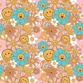 Groovy flowers pattern. Retro seventies floral seamless pattern with smiling face flowers