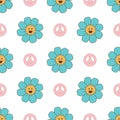 Groovy flowers pattern. Retro seventies floral seamless pattern with smiley flowers peace symbol