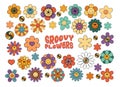 Groovy flowers, retro flowers with smiling face, hippie floral clipart