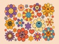 Groovy flowers, retro flowers with smiling face, hippie floral clipart