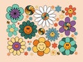 Groovy flowers, retro flowers with smiling face, hippie floral clipart