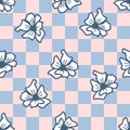 Groovy flowers seamless pattern on checkered background. Hippie aesthetic print for fabric, paper, T-shirt.