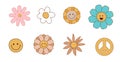 Groovy flowers set. Retro 70s smiling face flowers graphic elements isolated collection