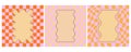 Groovy frames with wavy border on checkered background. Rectangle Y2k scallop shapes with square psychedelic pattern and