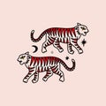 Groovy funny asian cat tigers Japanese doodles. Beautiful wild cats, contour animals. Square vector illustration card. Royalty Free Stock Photo