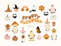 Groovy Halloween. Retro groovy Halloween cliparts. Hippie vintage style. Ghost, mushroom, pumpkin. Vector