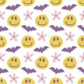 Groovy Halloween Seamless Pattern with smile faces emotion