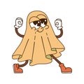 Groovy Halloween sheet ghost character in vintage style. Walking Retro cartoon mascot. Contour hand drawn vector