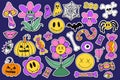 Groovy halloween stickers set in retro 70s style. Psychedelic collection of hippie design elements. The power of monster