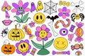Groovy halloween stickers set in retro 70s style. Psychedelic collection of hippie design elements. The power of monster