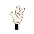 Groovy hand in glove of retro style shows peace gesture. Funky fingers in V sign of victory. Hippie aesthetics symbol Royalty Free Stock Photo