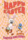 Groovy Happy Easter Poster Vintage. Funny bunny with egg, Easter egg hunt