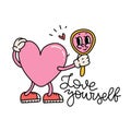 Groovy heart character looks in the mirror with happy face in retro 70s style and typography quote - Love yourself