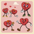 Groovy heart mascot characters set. Retro cartoon style. Cute cartoon love scenes. Royalty Free Stock Photo