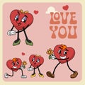 Groovy heart mascot characters set. Retro cartoon style. Cute cartoon love scenes. Royalty Free Stock Photo