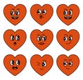 Groovy heart shape characters. Retro cartoon facial expression set.