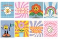 Groovy hippie 70s set. Funny cartoon flower, rainbow, peace, Love, heart, daisy, mushroom etc. Royalty Free Stock Photo