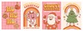 Groovy hippie Christmas. Santa Claus, tree, gift, rainbow, ho ho ho in trendy retro cartoon style.